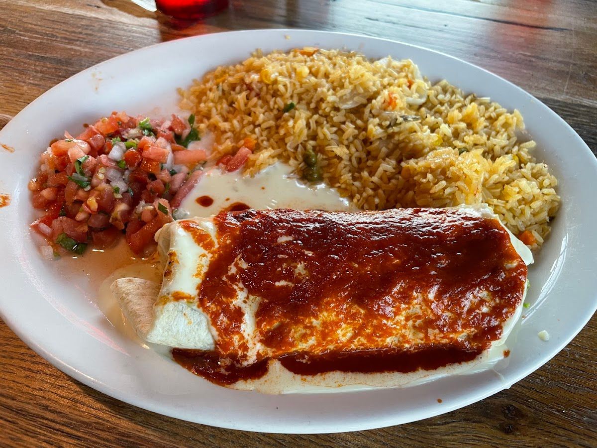 Plate with enchiladas, yellow rice, and salsa on a wooden table