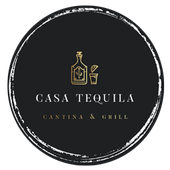 Casa Tequila Cantina & Grill logo on a black circular background with gold bottle and glass icon
