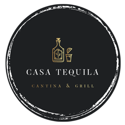 Casa Tequila Cantina & Grill logo on a black circular background with gold bottle and glass icon