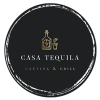 Casa Tequila Cantina & Grill logo on a black circular background with gold bottle and glass icon