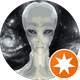 Gray alien face on a starry black background with an orange circular emblem in the corner