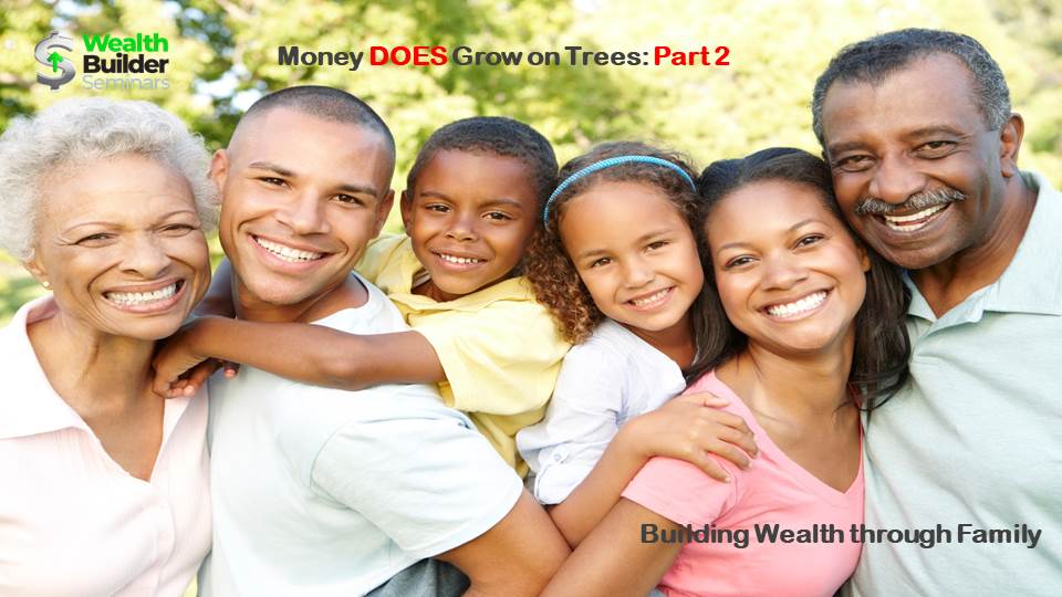 A family posing for a picture with the words money does grow on trees part 2