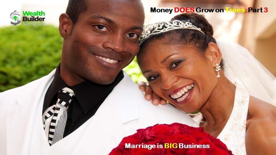 A bride and groom posing for a picture with the words marriage is big business on the bottom