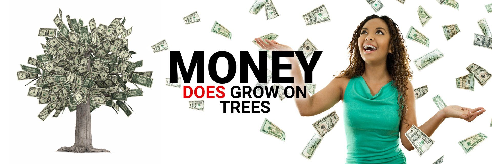 A woman is standing in front of a tree with money falling from it.