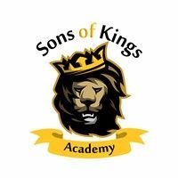 A logo for sons of kings academy with a lion wearing a crown