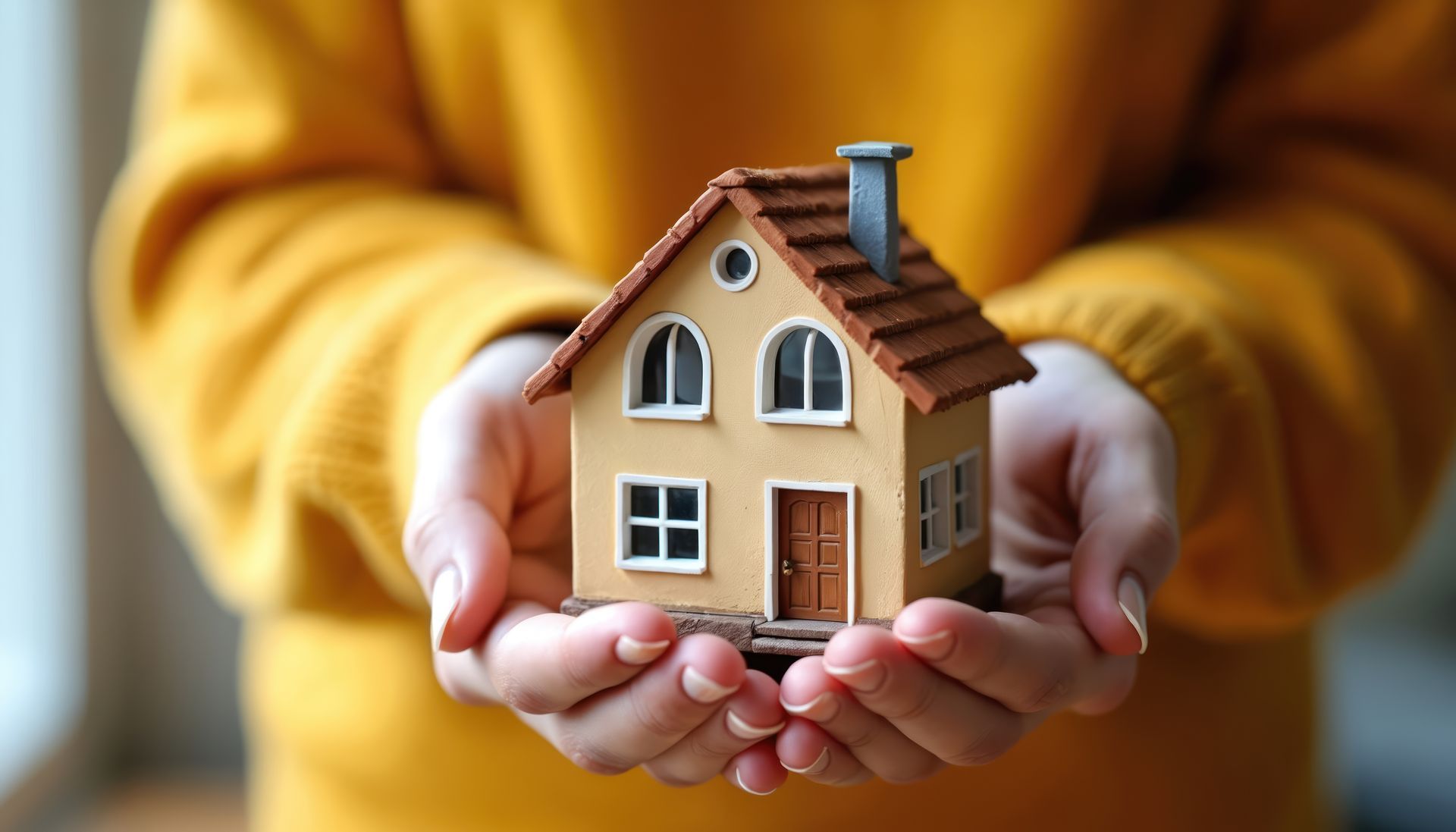 Person in yellow sweater holds a miniature house, cupping it in their hands.