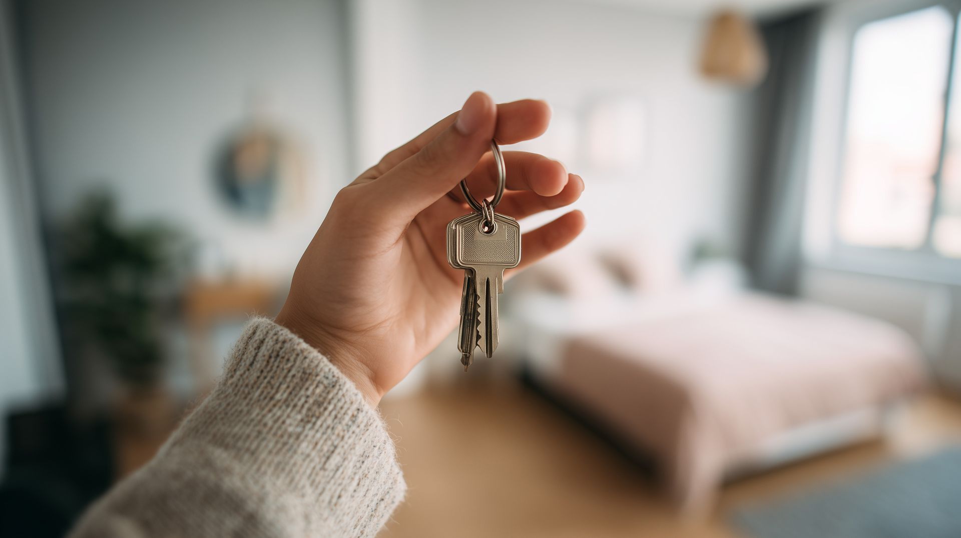 Hand holding keys in front of a blurred bedroom interior.