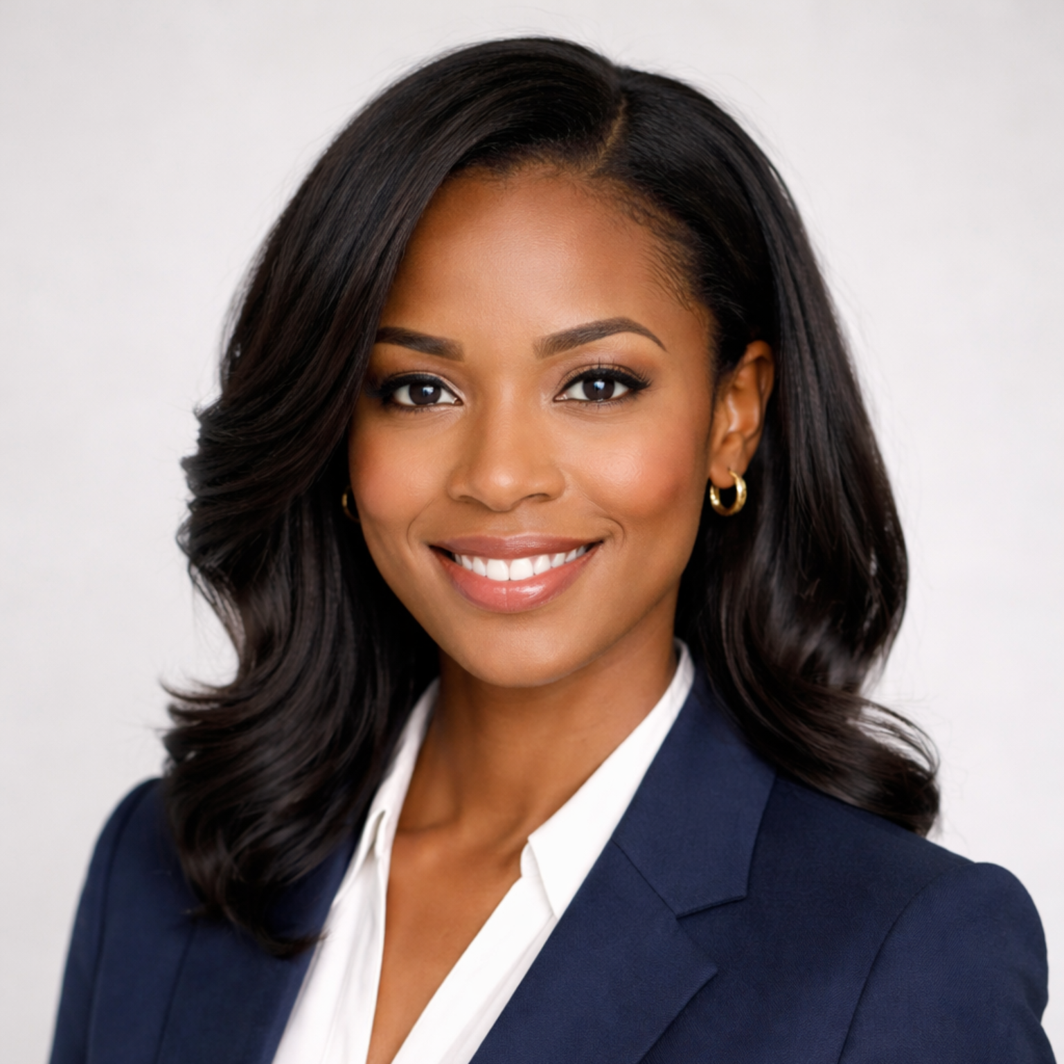 Woman in a dark blue blazer, smiling, with dark hair, a white shirt, and gold hoop earrings.