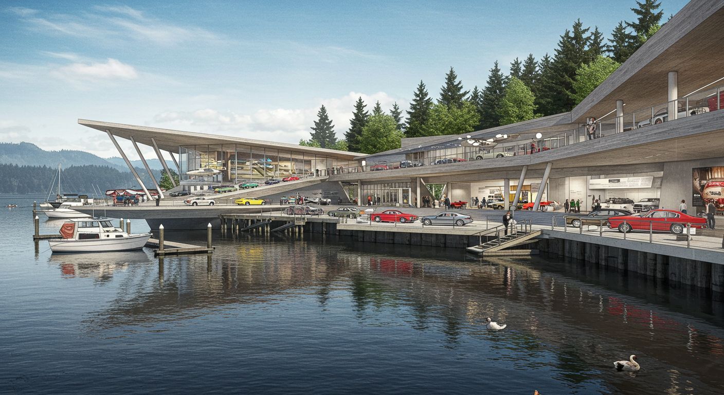 Car museum rendering:  A multi-level, modern waterfront showroom structure with glass walls showcasing vintage cars parked along a wooden pier.