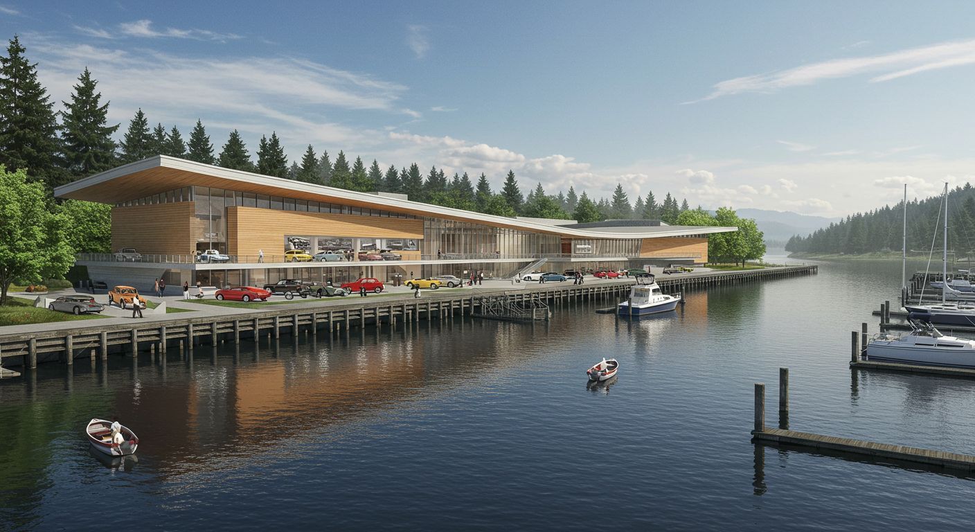 Car museum rendering:  A modern, low-slung wooden building with large windows sits along a pier by a calm lake, with cars parked out front.