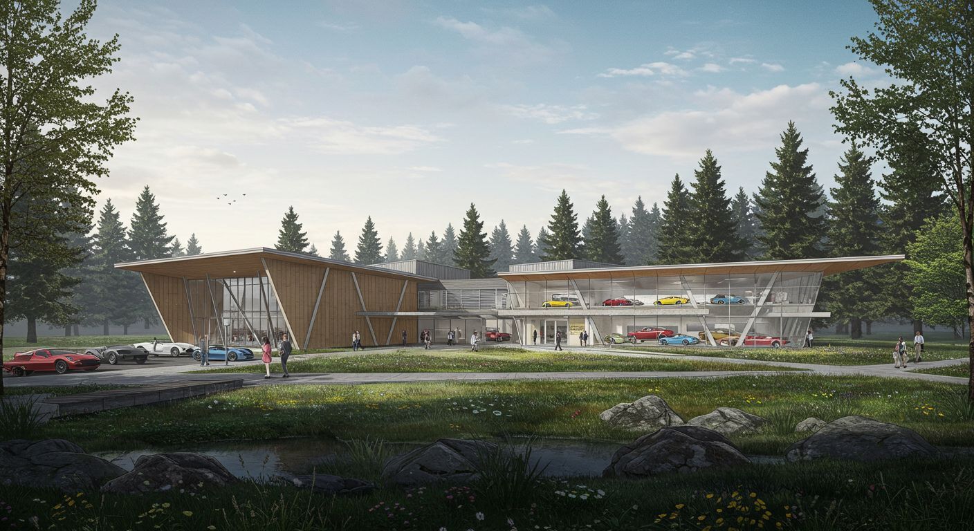 Car museum rendering:  A modern building with large glass walls displaying classic cars, situated in a forested landscape.