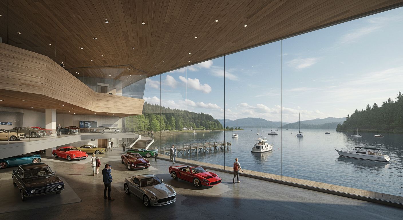 Car museum rendering: A modern showroom with luxury cars overlooking a harbor with boats on a sunny day, under a large wooden architectural roof.