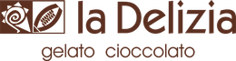 Logo La Delizia con icona a forma di foglia marrone e scritta “gelato cioccolato” su sfondo bianco.
