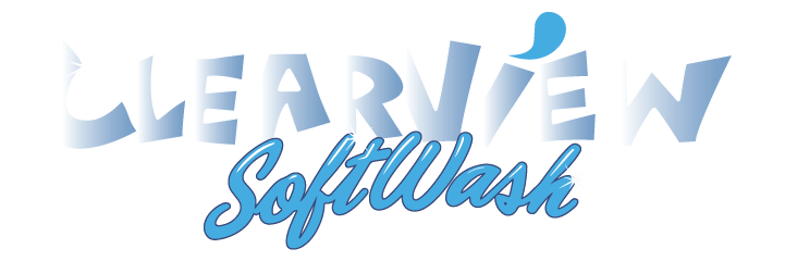 Clearview SoftWash logo in white and blue.