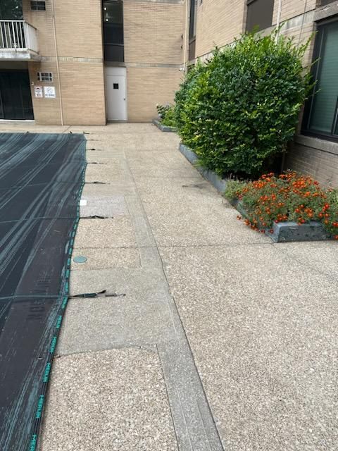 Concrete walkway next to a covered pool and building with bushes and flowers.