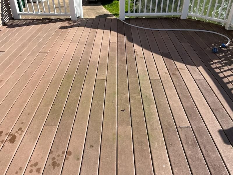 Composite deck with green algae growth, near a white railing and a water hose.
