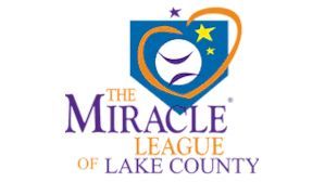 Logo for The Miracle League of Lake County. A baseball within a heart shape, with purple and gold accents.