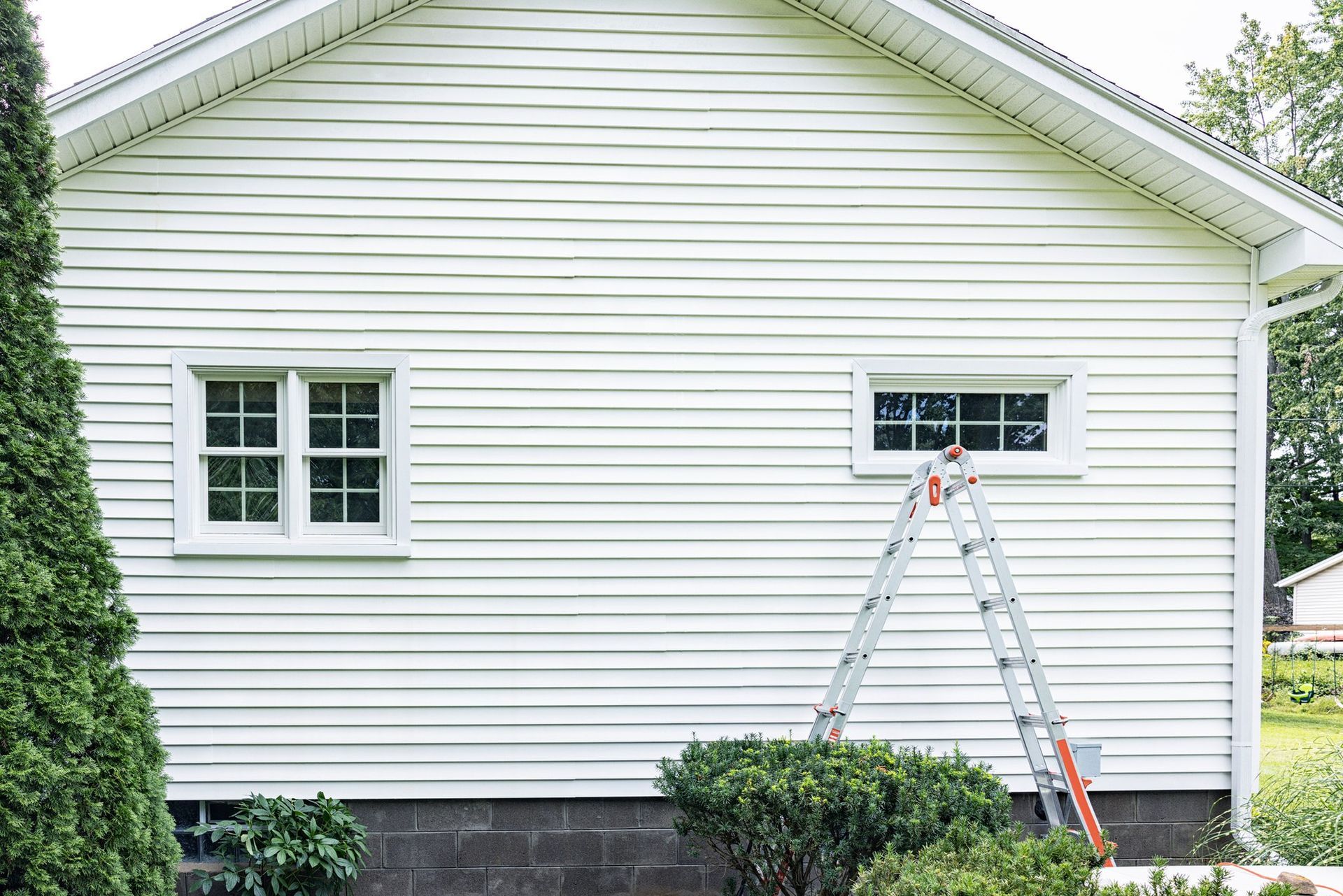 White house with two windows, a ladder, and surrounding greenery.