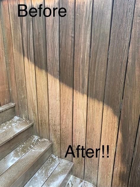 Wooden wall and stairs before and after cleaning, showing a noticeable color difference.