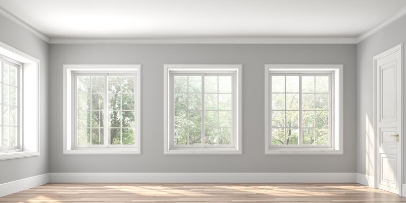 Empty room with three windows and a door, grey walls, wooden floor, and sunlight streaming in.