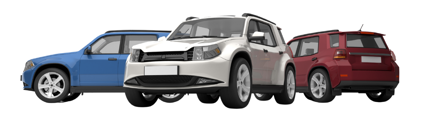 Three SUVs: blue, white, and red. They are lined up, facing the viewer.