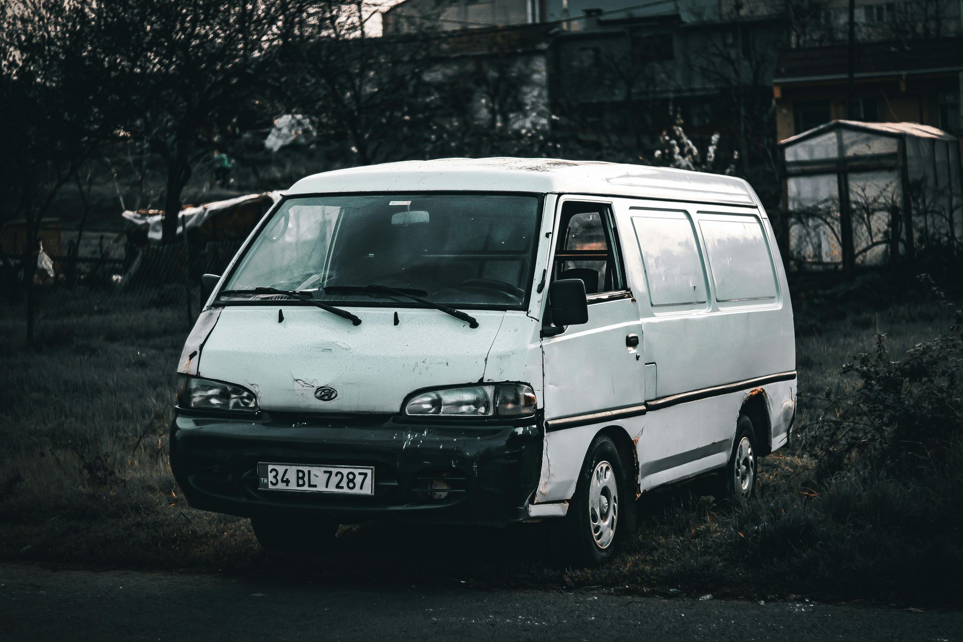 White Hyundai van parked on a grassy verge, with buildings in the background.