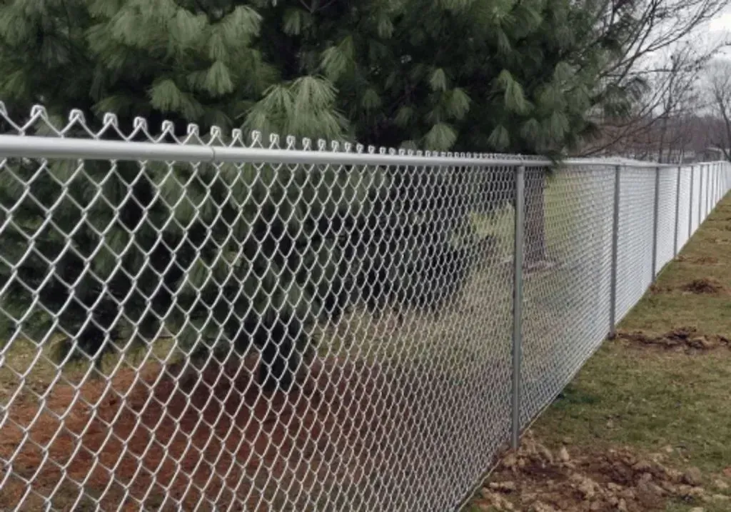 Chain-link fence running along a green lawn with trees in the background.