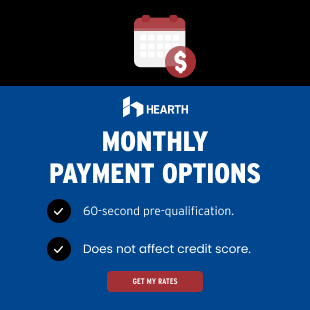 Hearth ad: Monthly payment options. Features a calendar, dollar sign, check marks, and a 