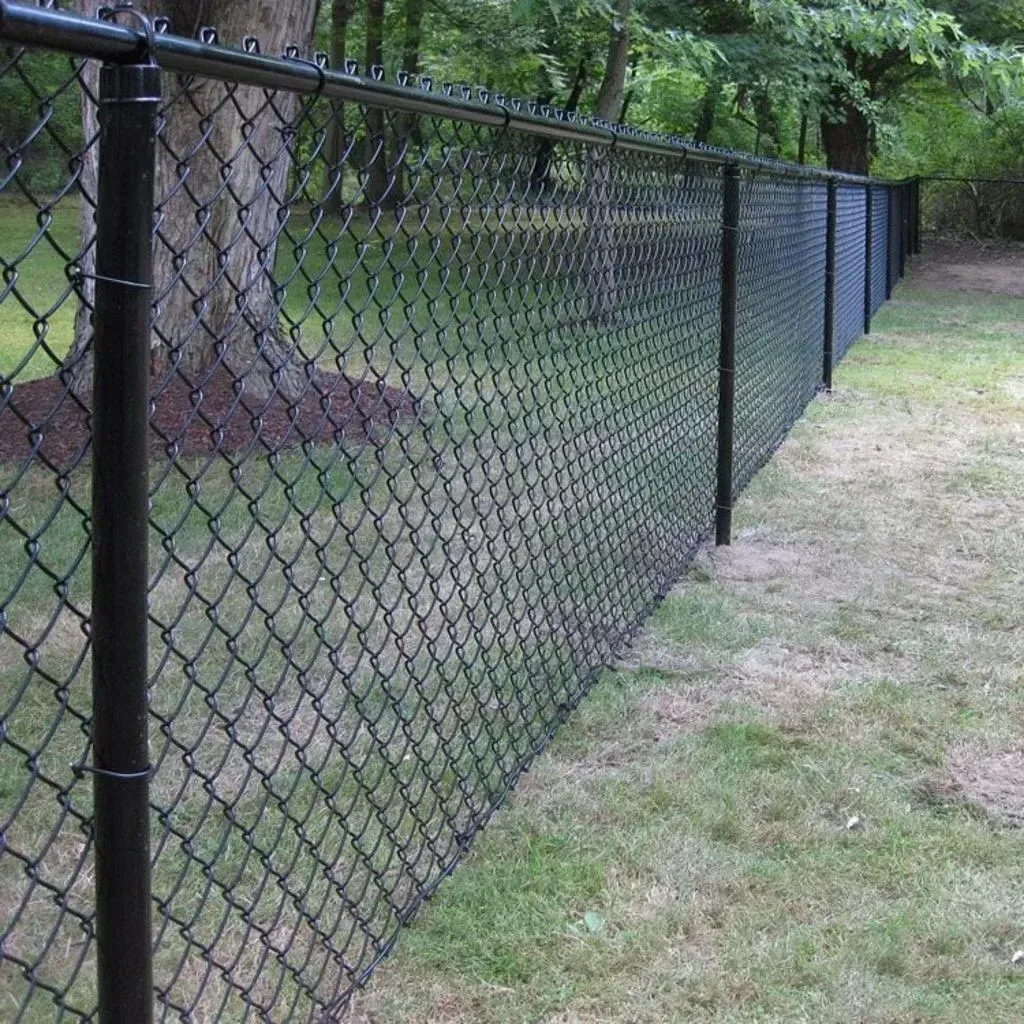 Black chain-link fence in grassy yard, next to a tree and some foliage.