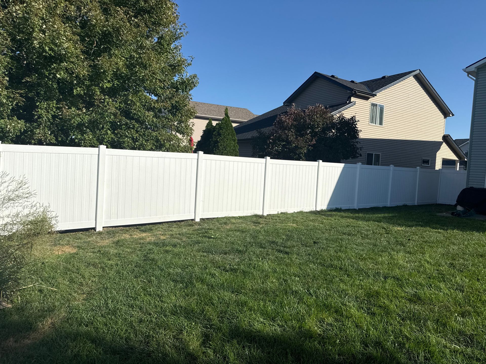 White vinyl fence in a grassy backyard, with a house in the background under a blue sky.