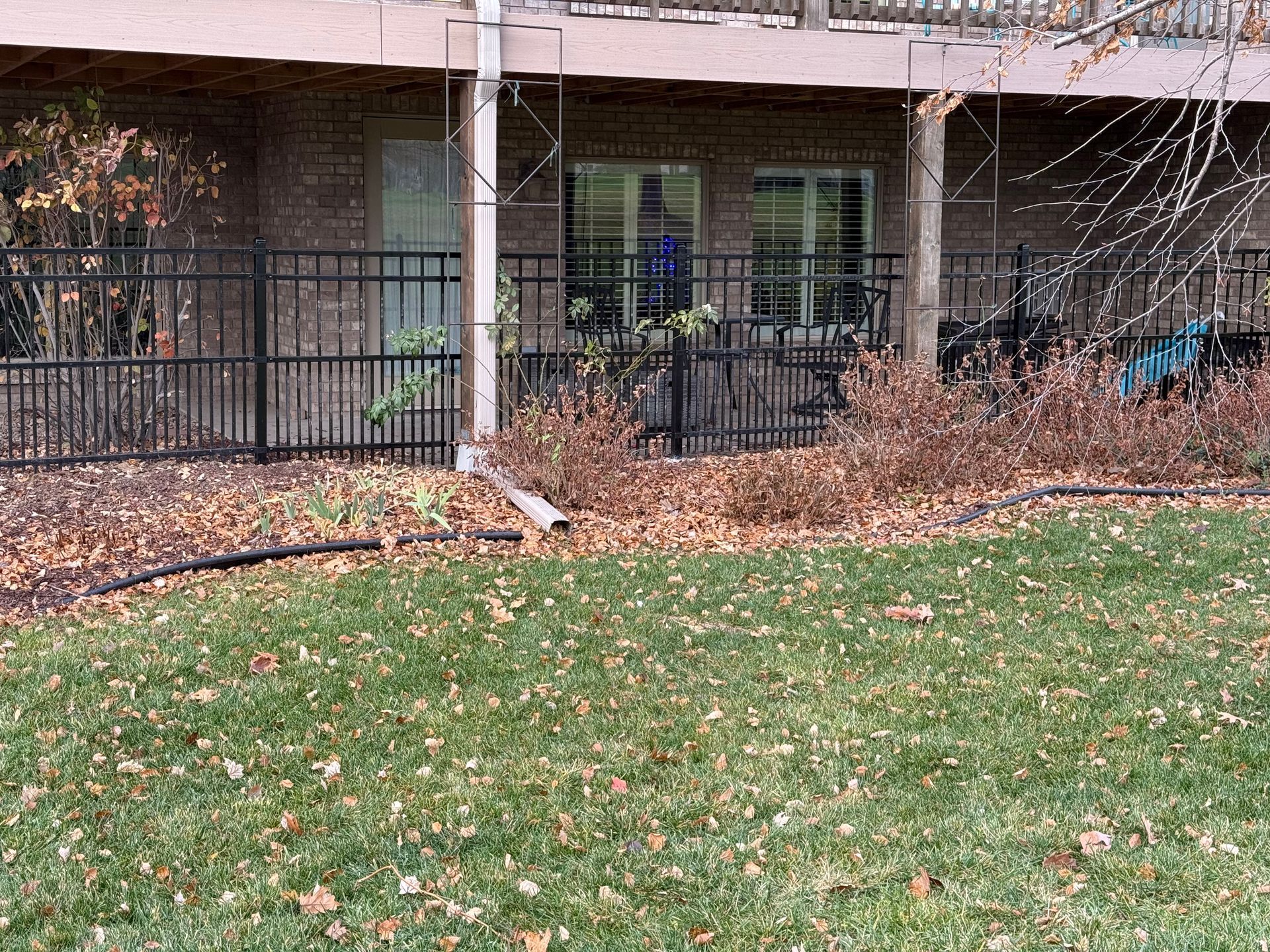 Black fence surrounds a patio area beneath a building. Brown leaves cover the ground.