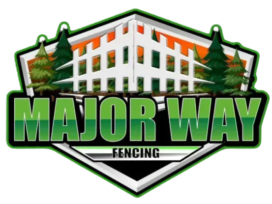 Logo for "Major Way Fencing" featuring a white picket fence, pine trees, and a green and black pentagon design.