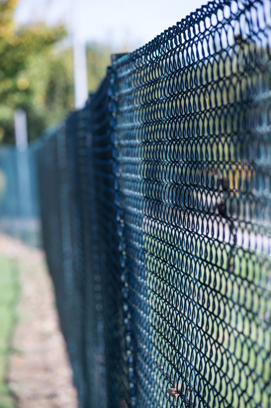 Dark green chain-link fence with a mesh screen, stretching along a pathway, slightly blurred background.