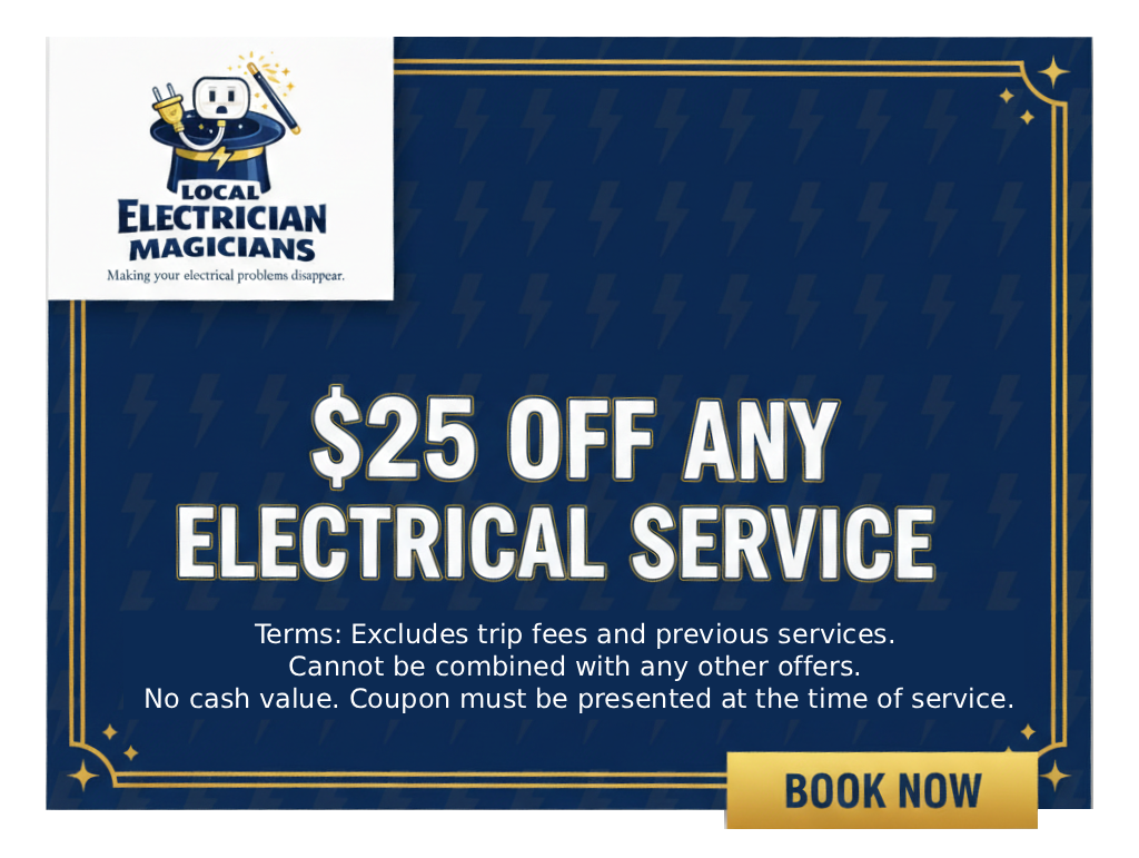 Discount ad for an electrician: $25 off any service. Blue background with lightning bolts and logo. 