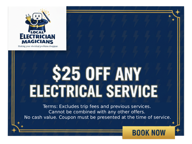 Discount ad for an electrician: $25 off any service. Blue background with lightning bolts and logo. 