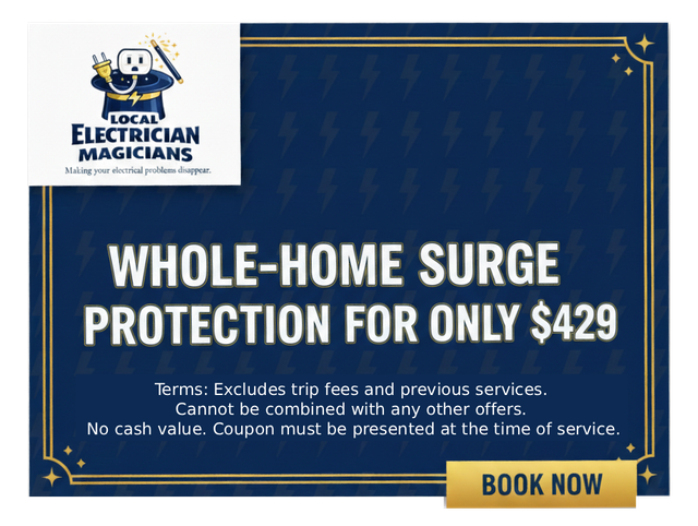 Advertisement for whole-home surge protection for $429 from Local Electrician Magicians. Blue background, yellow border, 
