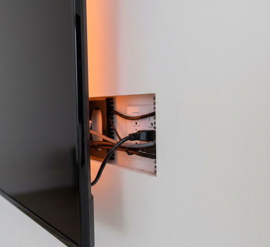 TV with cables routed through a wall-mounted box, concealing power and data connections.