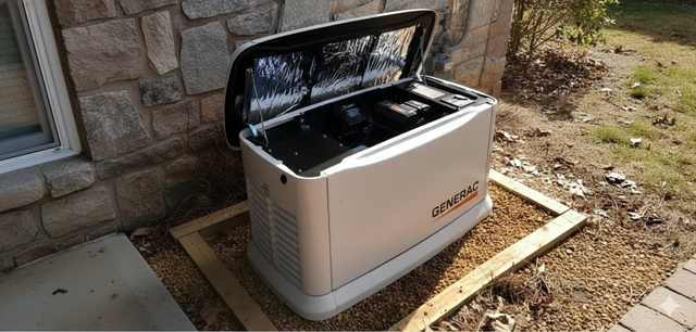 Generator with open lid against a stone wall, sitting on gravel within a wooden frame.