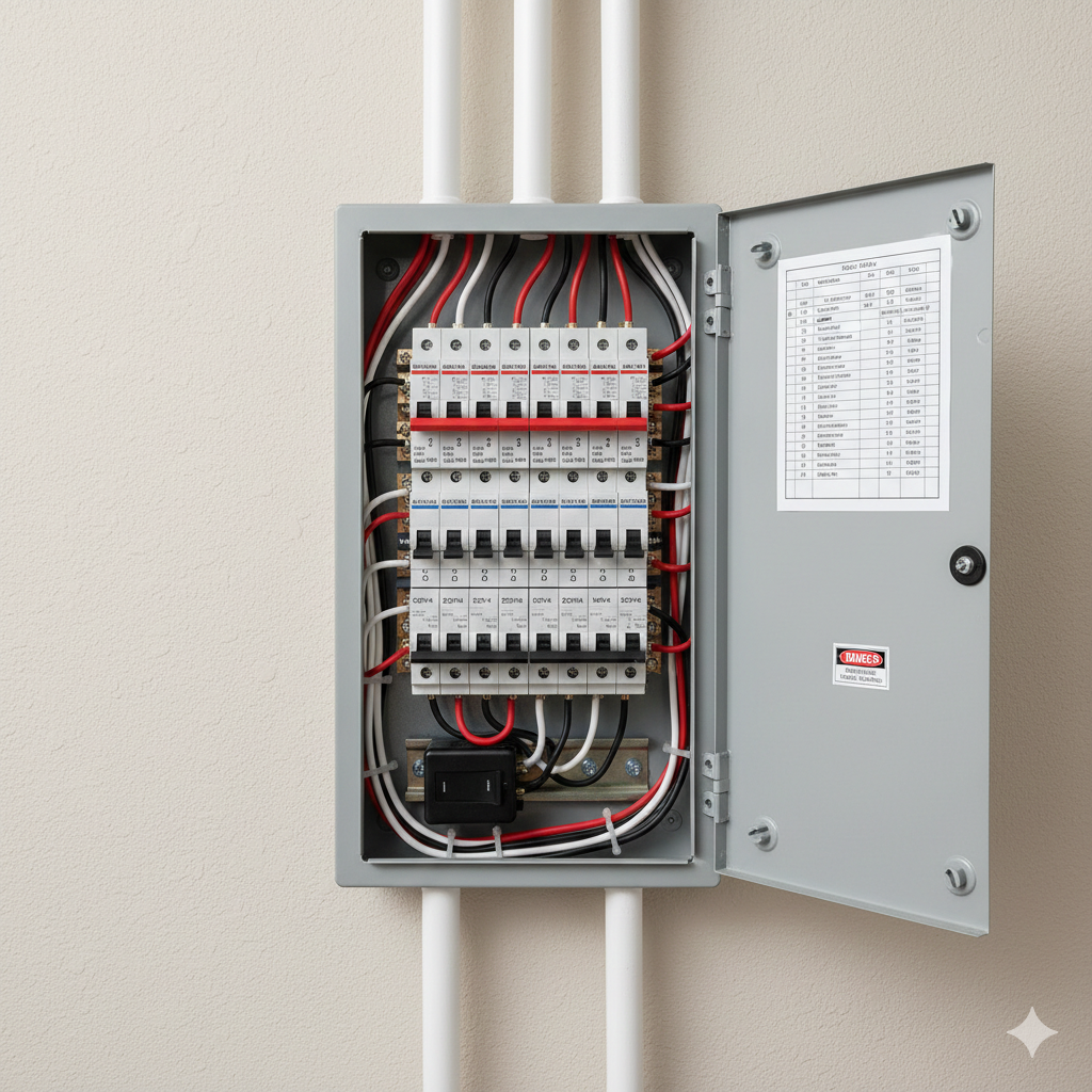 Open electrical panel with circuits and wiring against a white wall.