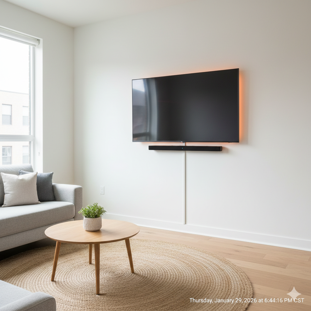 Modern living room with wall-mounted TV, soundbar, and round coffee table on a rug.