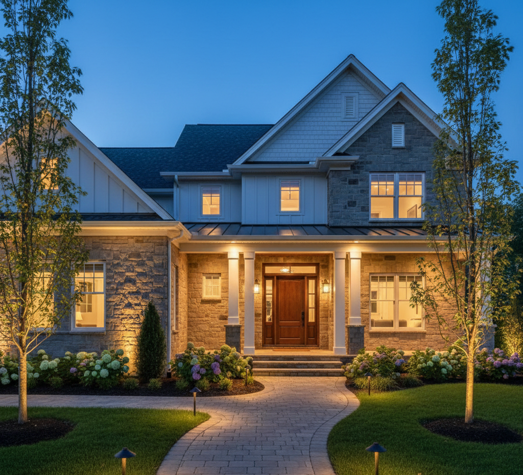 Elegant stone-clad home at dusk with illuminated pathway leading to a wooden front door.