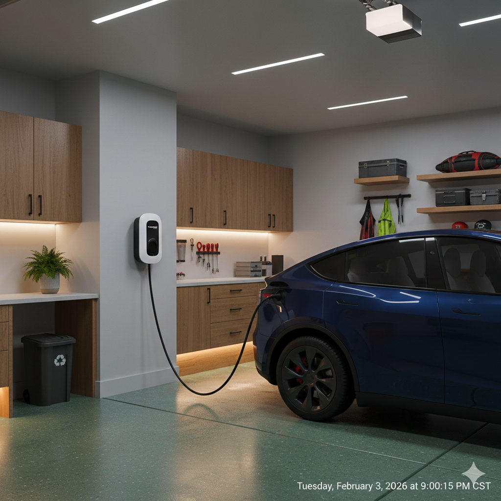 Blue electric car charging in a well-lit garage with charging station and wooden cabinets.