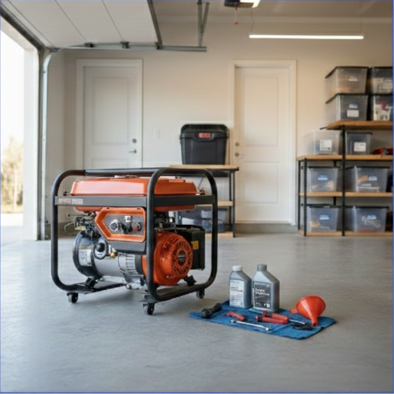 Man servicing a generator in a garage, with tools and oil.