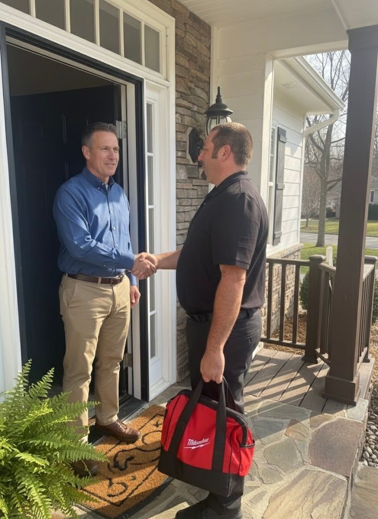 Woman shaking hands with a repair technician on a porch, white van in background.