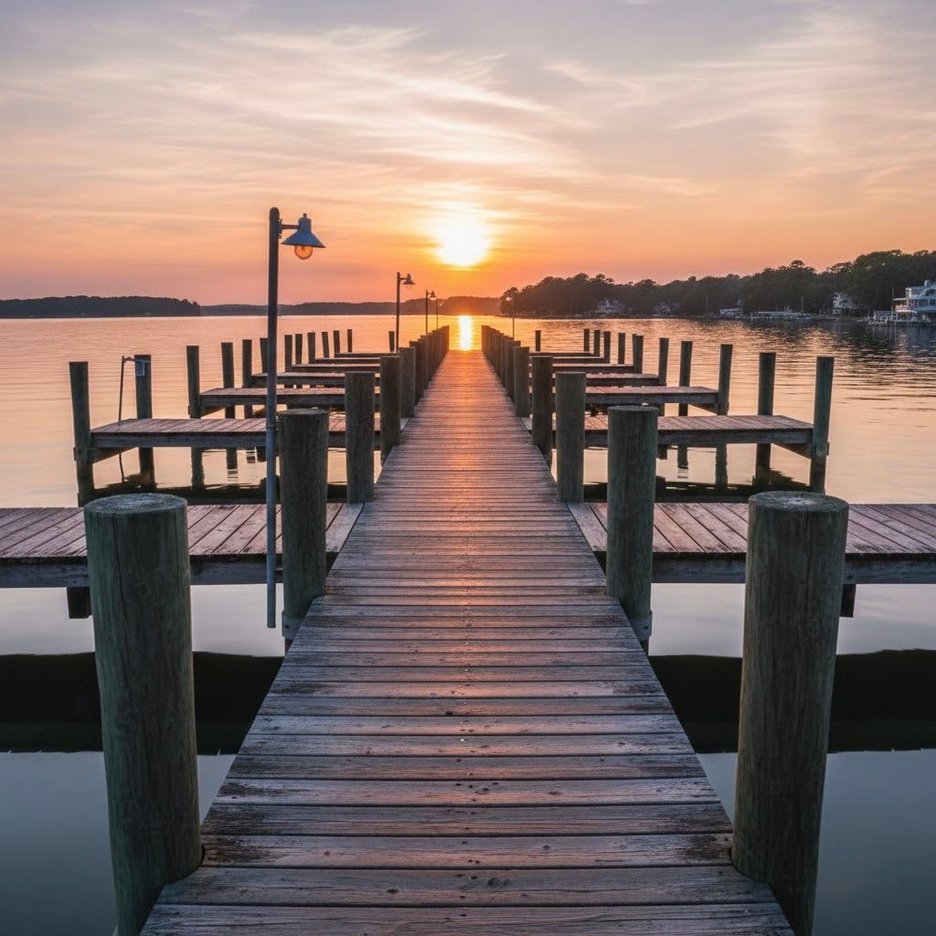 A moonlit garden path with landscape lighting leads to a fire pit, seating area, and pergola.