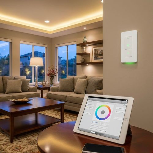 Woman on sofa using a smartphone to control LED lights around a TV in a modern living room.
