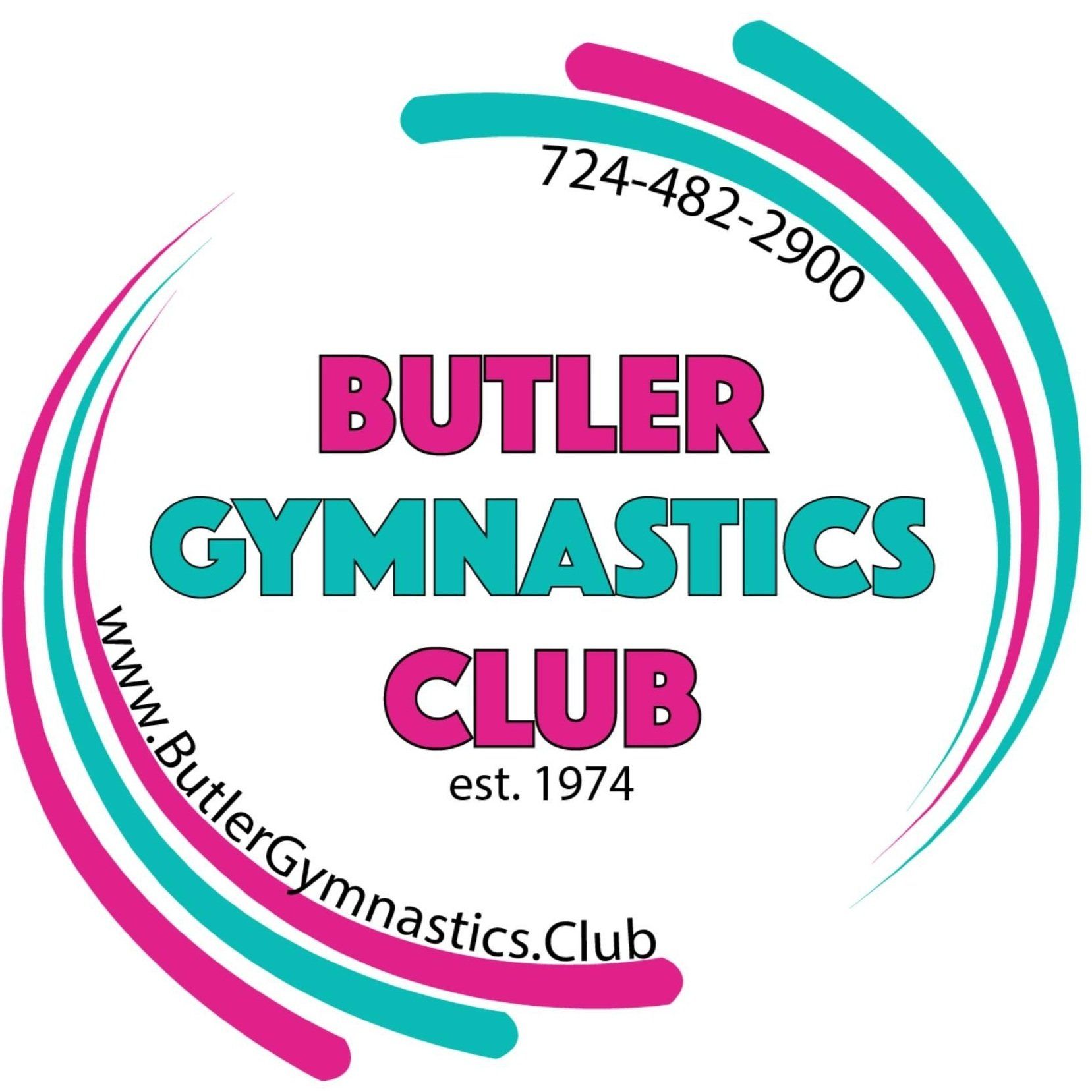The logo for butler gymnastics club is pink and blue.