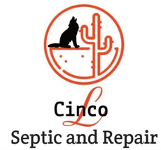 Logo for Cinco Septic and Repair: orange circle with wolf, cactus, and text.