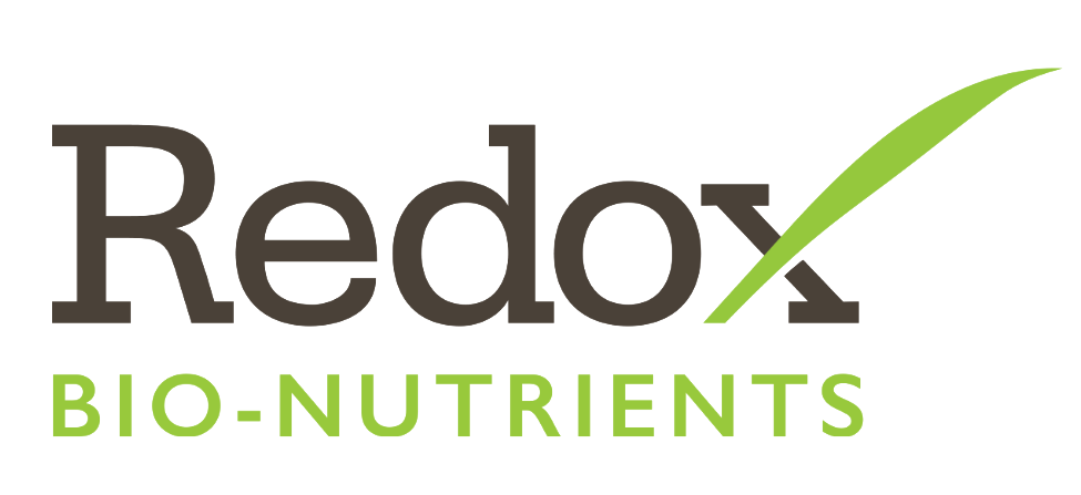Logo for Redox Bio-Nutrients with brown text and a green swoosh over the letter X.