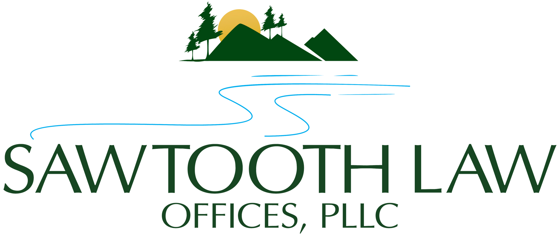 Logo for Sawtooth Law Offices, PLLC, featuring a stylized graphic of green mountains, pine trees, and a sun over water.